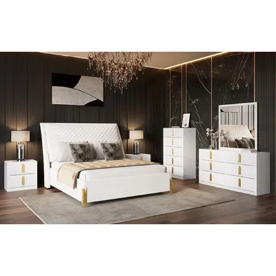 Grays 5pc White & Gold Bedroom Set With Velvet Queen Bed & Gloss Finish | Wayfair North America