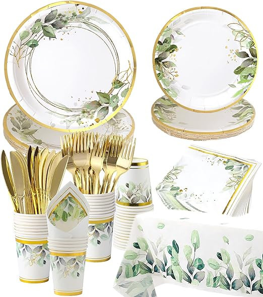 Greenery Plates and Napkins Party Supplies - Serves 16 - Green Plates Party Cups Knifes Forks Gre... | Amazon (US)