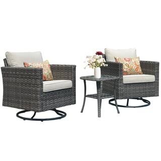 Megon Holly Gray 3-Piece Wicker Patio Conversation Seating Sofa Set with Beige Cushions and Swive... | The Home Depot