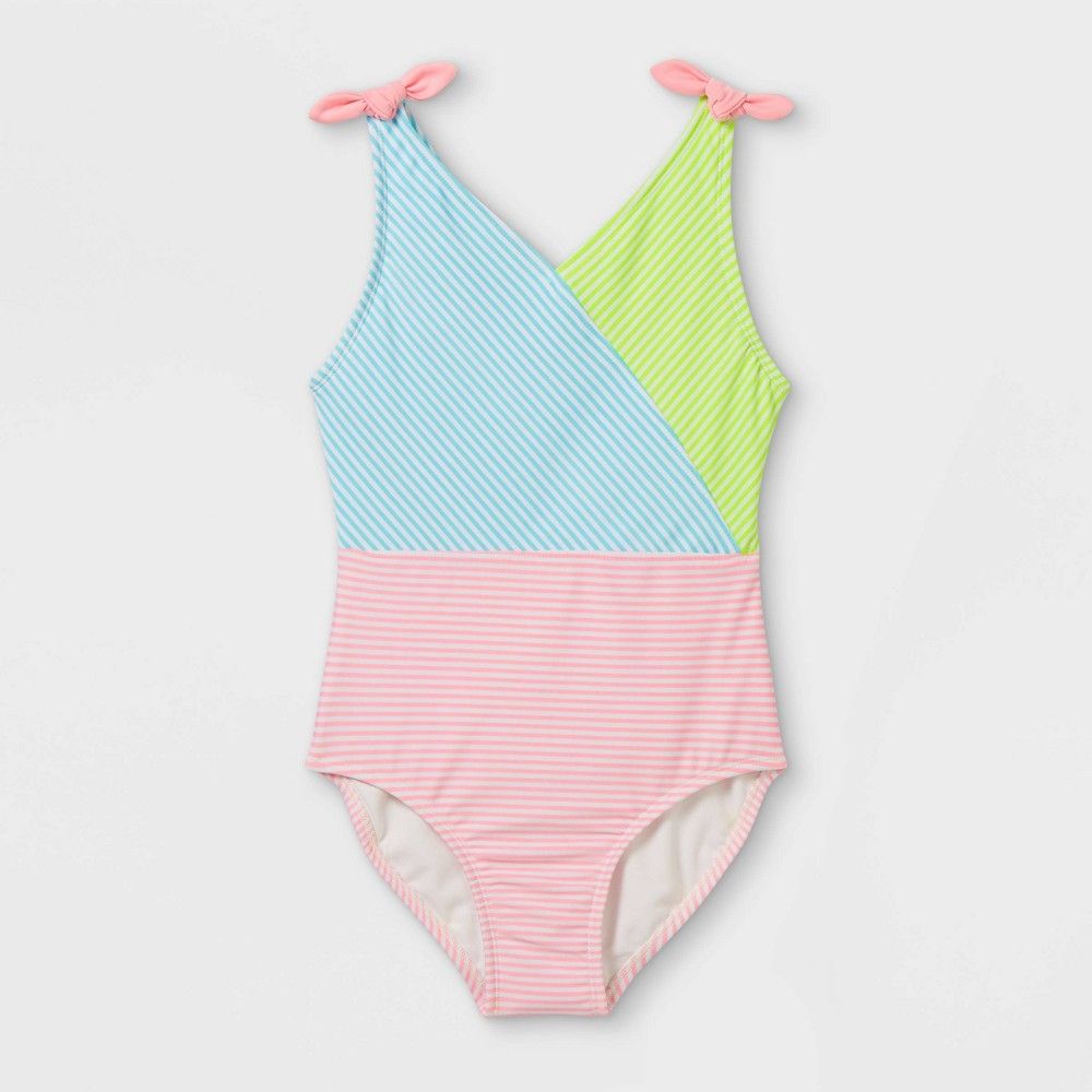 Girls' Colorblock Striped One Piece Swimsuit - Cat & Jack XS, Blue/Pink | Target