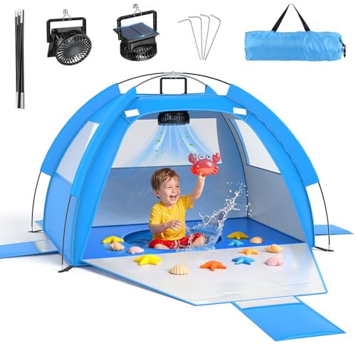 Dsquu Baby Beach Tent Solar Cooling Fan, Anti-UV Toddler Beach Tent Sun Shelter Portable Travel Fan Beach Shade Tent, Baby Play Tent Built-in Ceiling Fan Sun Shelters Toddler Beach Essentials Blue | Amazon (US)