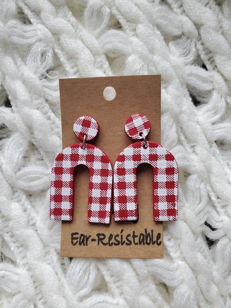 Red and White Plaid Polymer Clay Earrings. Available in Two - Etsy | Etsy (US)