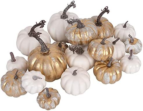 18 Pcs Artificial Pumpkins Decor Bulk Assorted Sizes Fake White Gold Pumpkins for Halloween Thank... | Amazon (US)
