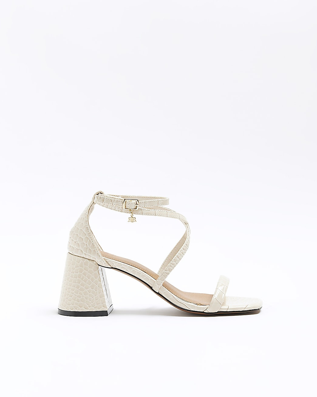 Ecru croc embossed block heel sandals | River Island (UK & IE)