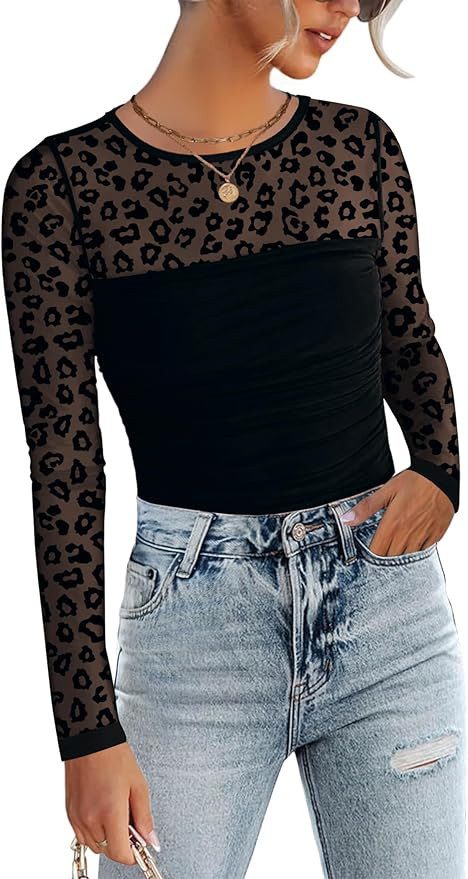Zeagoo Long Sleeve Shirts for Women Sheer Mesh Sexy Blouses Fall Fashion Crewneck Going Out Tops | Amazon (US)