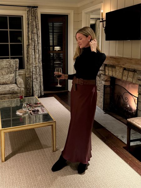 Loved this winter outfit. This burgundy satin skirt is perfect for the holidays. Would be a cute Christmas outfit too! 

#LTKtravel #LTKSeasonal #LTKHoliday