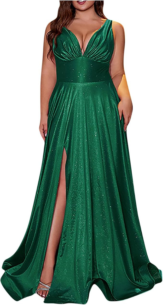 Women Deep V-Neck Satin Formal Dress with Slit Sleeveless A-line Maxi Prom Dress Elegant Empire W... | Amazon (US)