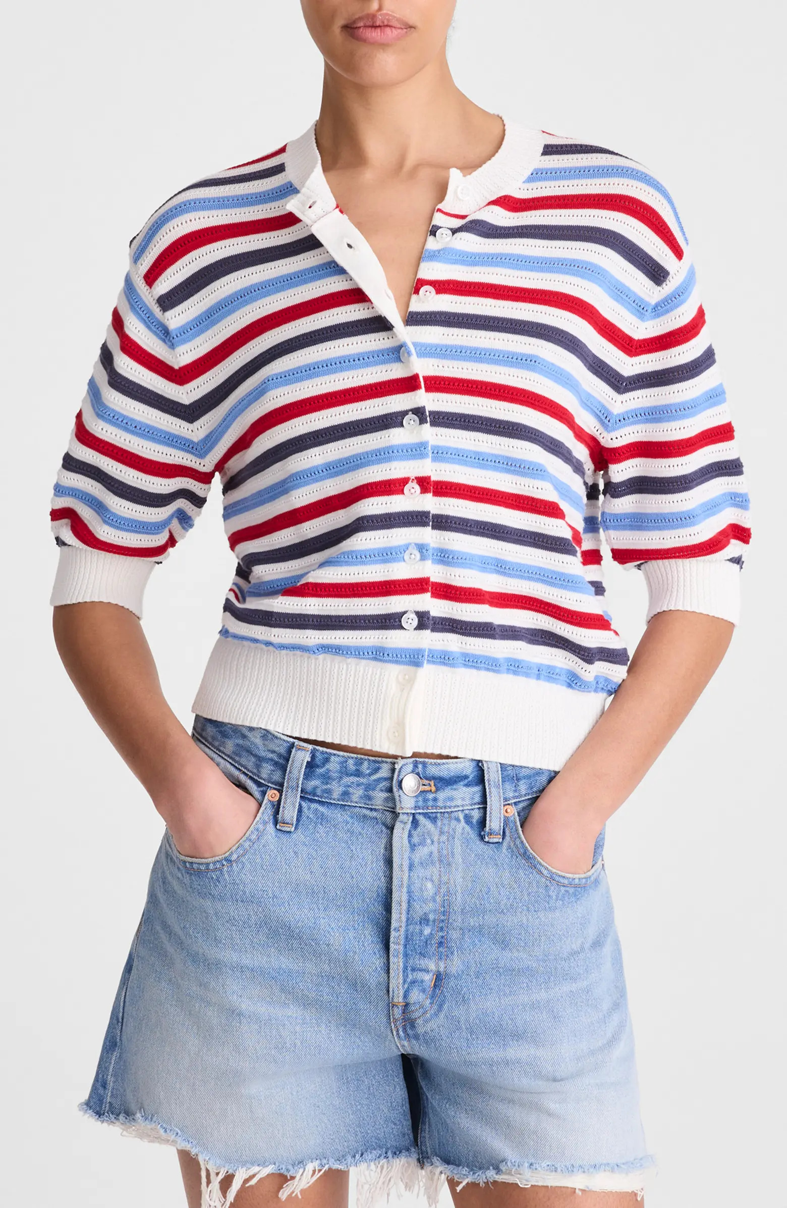 Madewell Textured Stripe Short Sleeve Cotton Cardigan | Nordstrom | Nordstrom