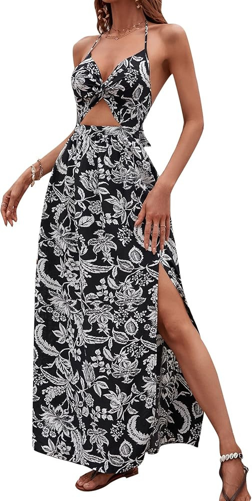 SheIn Women's Tropical Print Backless Cut Out Split Maxi Dress Twist Front Halter Neck Sleeveless... | Amazon (US)