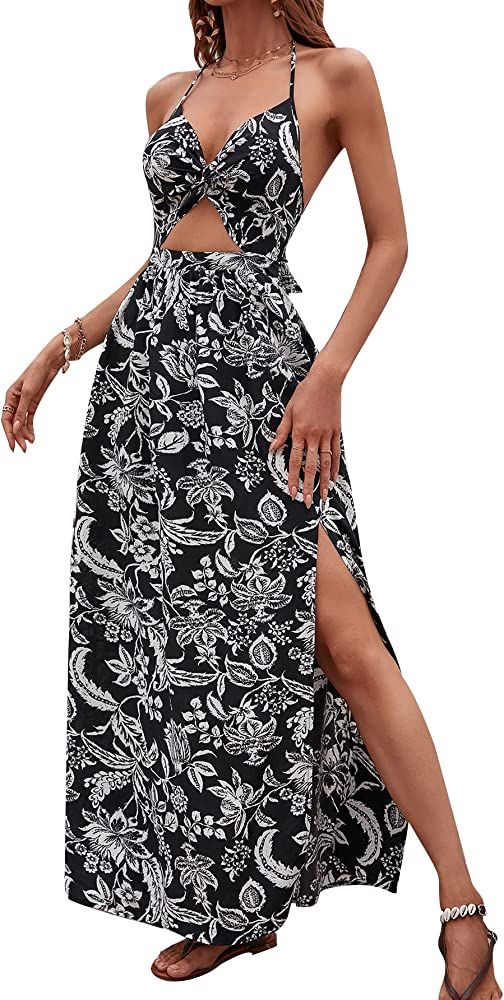 SheIn Women's Tropical Print Backless Cut Out Split Maxi Dress Twist Front Halter Neck Sleeveless... | Amazon (US)