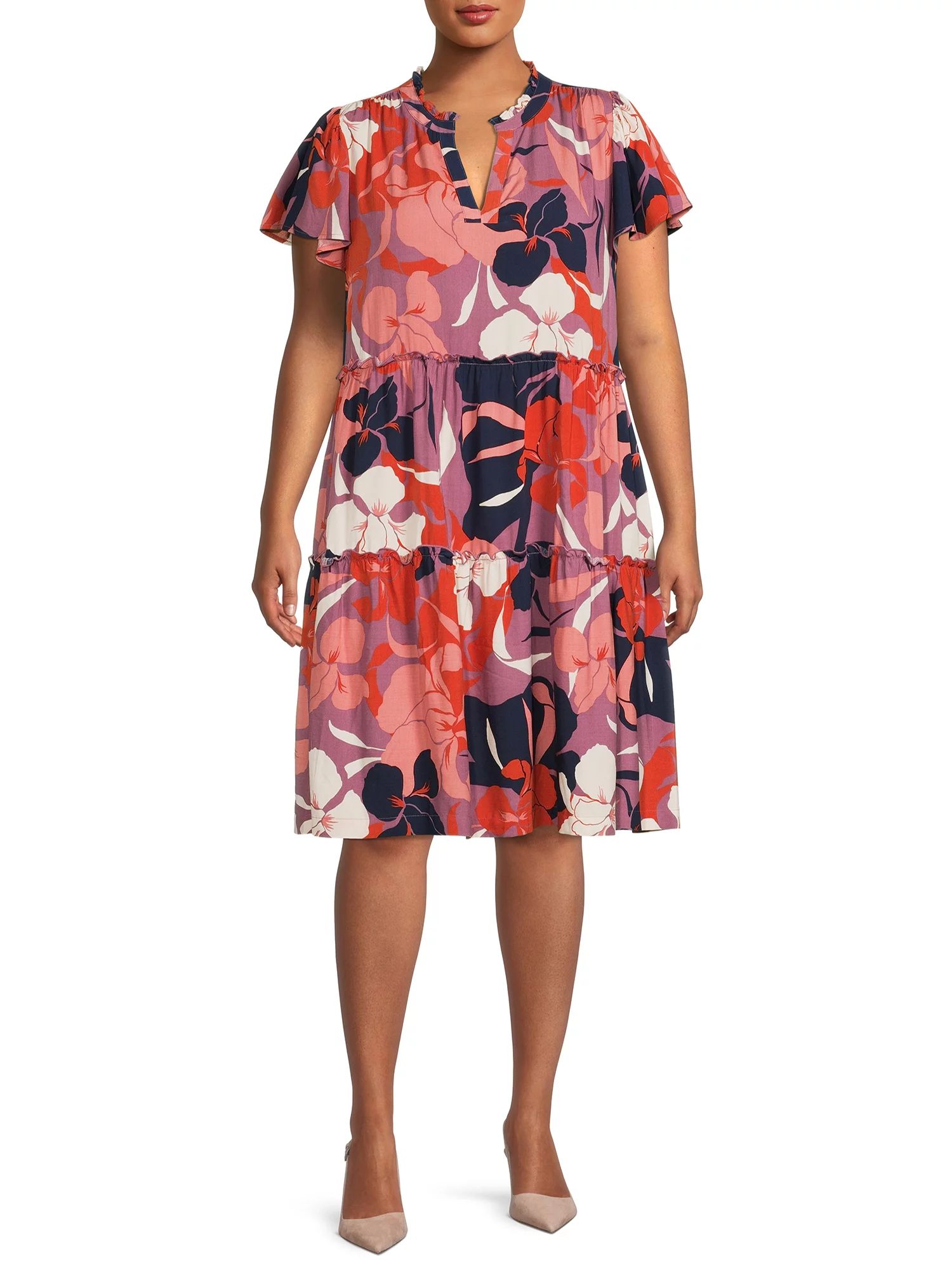 Terra & Sky Women's Plus Size Floral Tiered Dress with Short Flutter Sleeves - Walmart.com | Walmart (US)