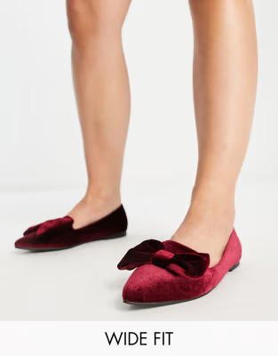 ASOS DESIGN Wide Fit Lake bow pointed ballet flats in burgundy velvet | ASOS (Global)