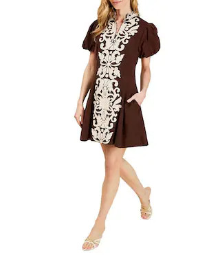 Mestiza New York Flavia Cotton-Blend Embroidered Mandarin Collar Short Puff Sleeve A-Line Mini Dress -  XL | Dillard's
