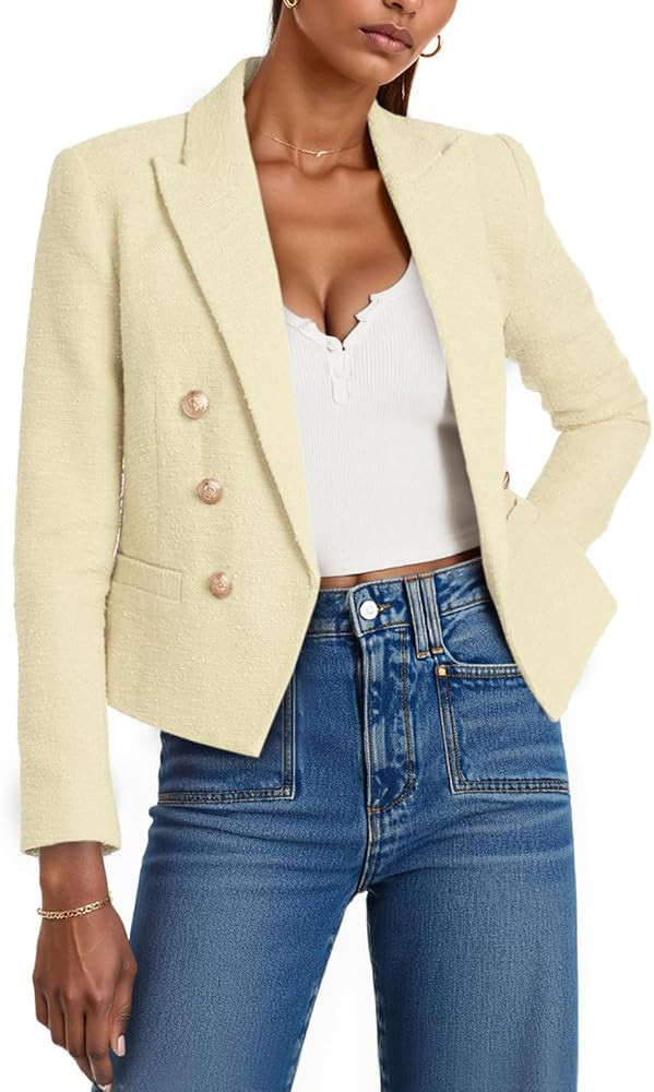Cicy Bell Women Cropped Tweed Blazer Jackets Lapel Open Front Long Sleeve Business Suit Jackets w... | Amazon (US)