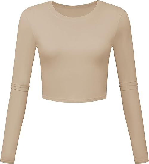 Round Neck Crop Tops Slim Fit Basic Long Sleeve Workout Shirts for Women | Amazon (US)