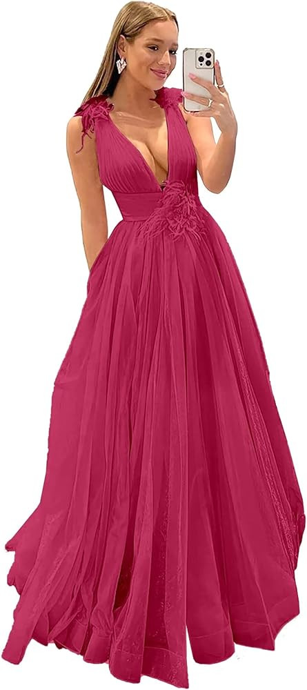 Deep V-Neck Prom Dresses with Feather Tulle Long Ball Gowns for Women Evening Party Dresses | Amazon (US)