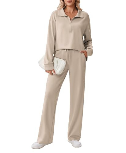 PINSPARK Two Piece Sets for Women Loose Fit Sweat Set 1/2 Zip Sweatshirts Sweatpants with 2 Pockets Stretch Tracksuit Casual Lounge Sets Trendy Fall 2025, Light Khaki Tall L | Amazon (US)