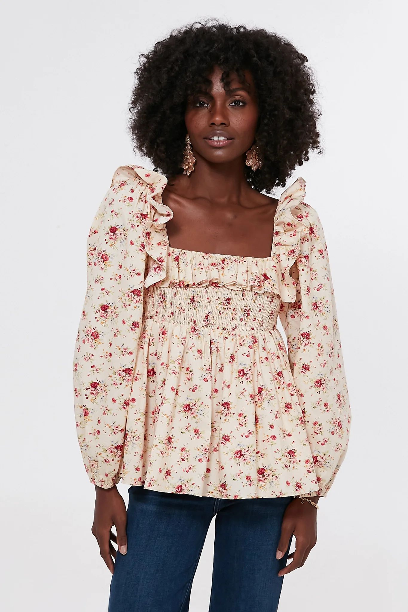 Cream Floral Ruffle Sleeve Addison Blouse | Tuckernuck (US)