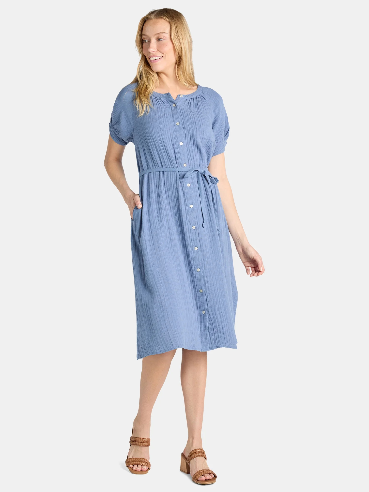 Time and Tru Women’s Cotton Double Cloth Midi Dress, Sizes XS-XXXL | Walmart (US)