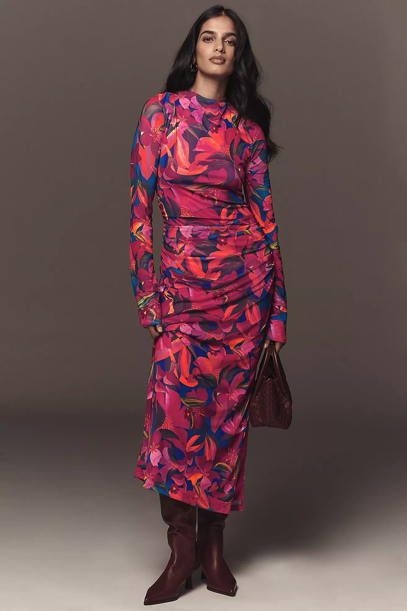 Farm Rio Long-Sleeve Mock-Neck Mesh Slim Midi Dress | Anthropologie (US)