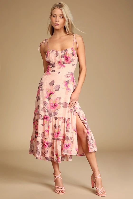 Tea Party Chic Pink Floral Print Tie-Strap Tiered Midi Dress | Lulus