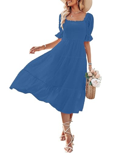 MEROKEETY Women's 2024 Summer Square Neck Puff Sleeve Boho Midi Dress Swiss Dot Ruffle Flowy Tie ... | Amazon (US)