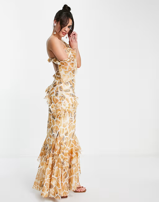 ASOS DESIGN fallen shoulder maxi dress with bias ruffle detail in animal print | ASOS (Global)