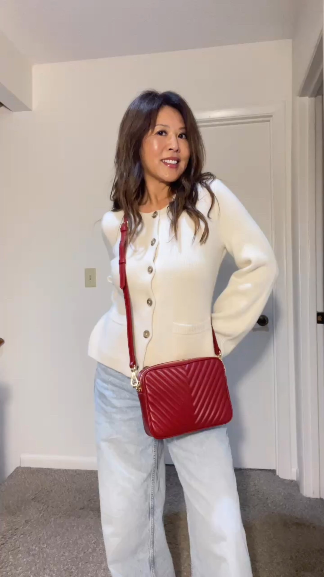 Fall looks with Quince | burgundy crossbody bag| cashmere ivory cardigan in size small | camel button down cropped cardigan in size small | OGL mini short dress | use INFG-25MYFASHIONJEN10 for discount in QUINCE 