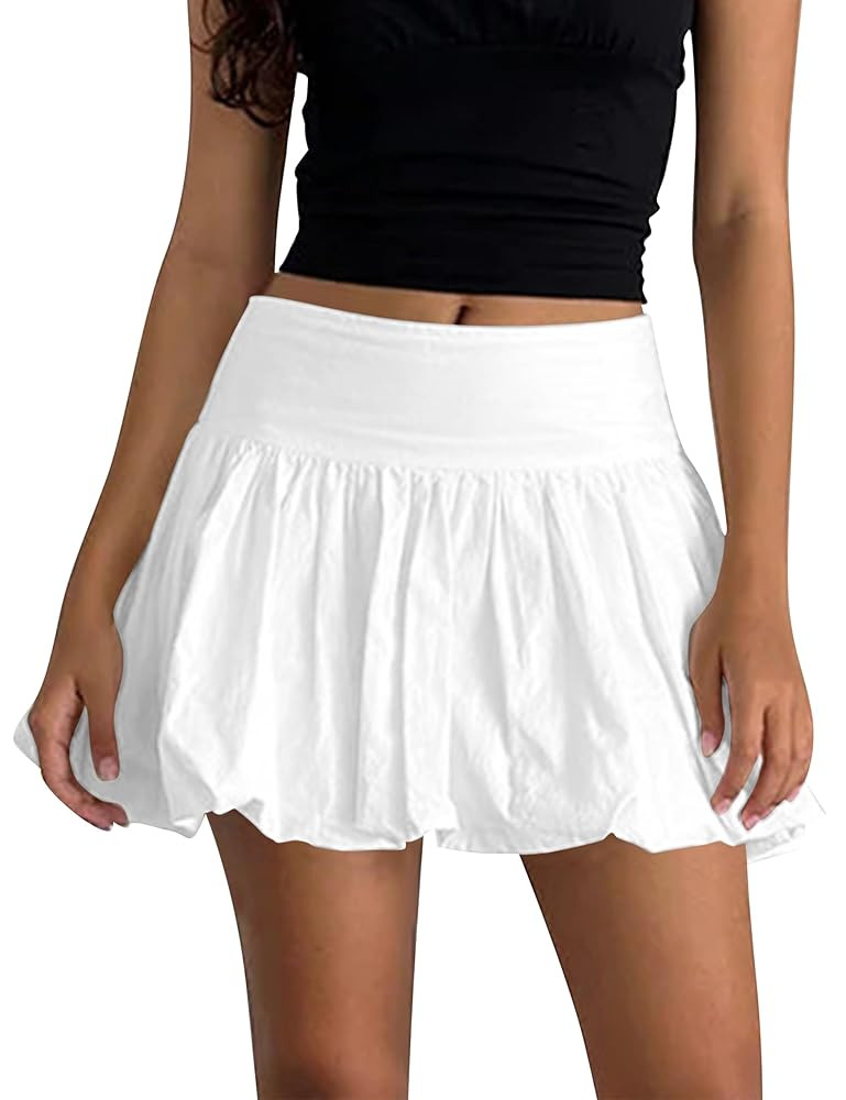 Women Y2k Cute Mini Bubble Skirts Pleated Ruffle Puffy Short Skirt A Line Low Waist Vintage Ballo... | Amazon (US)