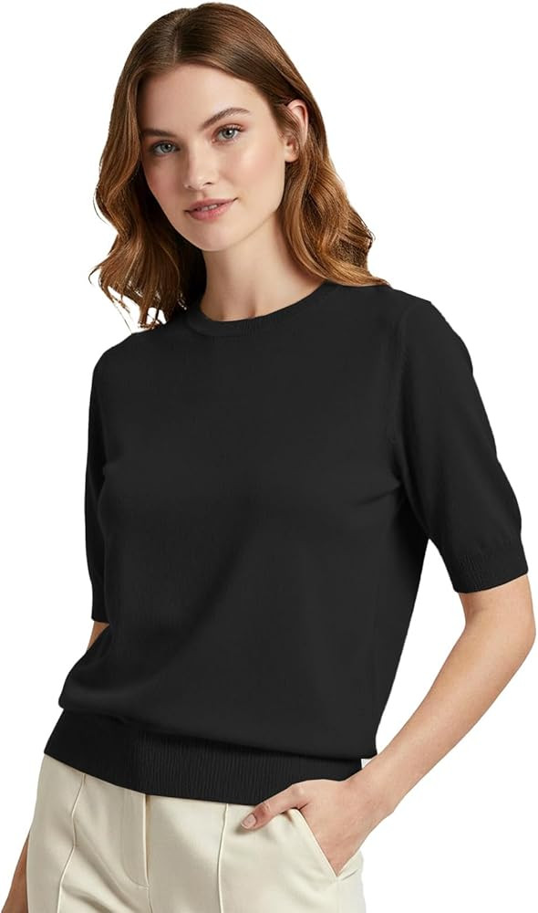 Women's Wool Blend Crew Neck Sweater Classic Short Sleeve Casual Pullover Tops | Amazon (US)