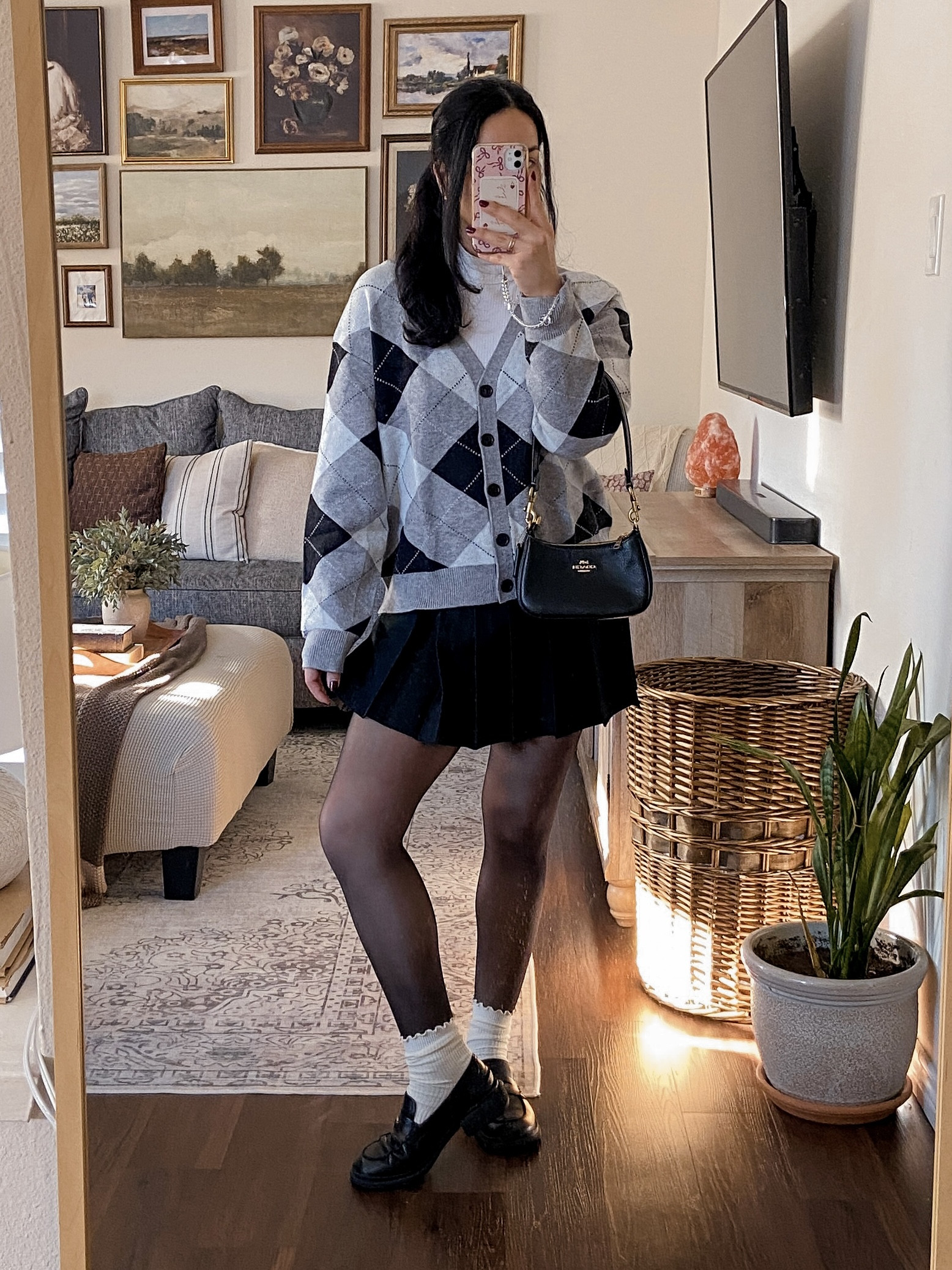 loafers are so chic, i don’t care what anyone says 🫶🏼 argyle cardigan outfit, argyle sweater outfit, preppy fall outfit, neutral preppy style, mock neck layered outfit, black tennis skirt outfit, ruffle socks outfit, loafers outfit aesthetic, fall preppy fashion, layered fall outfit, cute preppy outfit ideas, schoolgirl inspired outfit, neutral fall fashion, classic preppy look, prep inspired outfit, casual preppy style, neutral outfit aesthetic, fall layering outfit, chic schoolgirl look, classic wardrobe staples, cardigan outfit inspo, fall skirt outfit, tights and loafers outfit, cozy preppy vibes, pinterest preppy outfit, preppy aesthetic, fall fashion inspo, neutral color palette outfit, cute cozy outfit, timeless outfit ideas, aesthetic fall style, minimal preppy outfit, classic fall aesthetic  

 #LTKHoliday #LTKgrwm #LTKootd