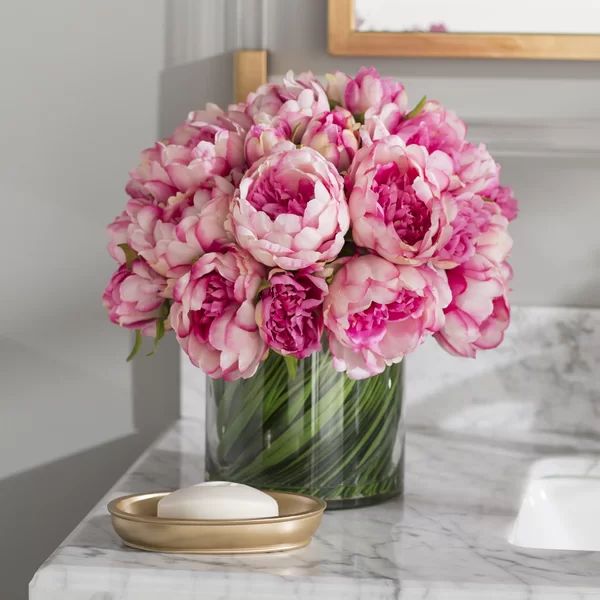 Faux Magenta & Pink Peony Floral Arrangement in Glass Vase | Wayfair North America