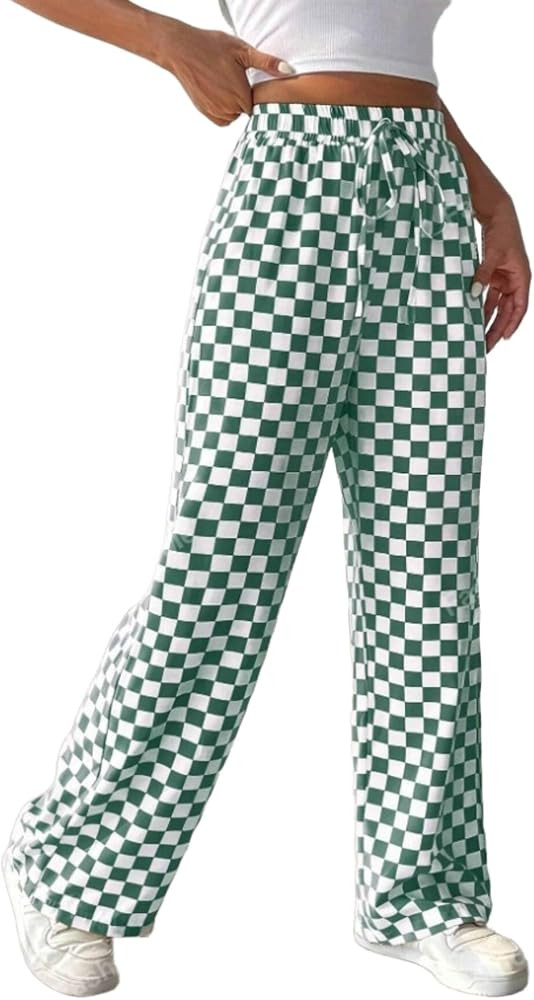 Women's Casual Checkered Pants Drawstring Elastic Waist Comfy Loose Straight Wide Leg Plaid Pants... | Amazon (US)