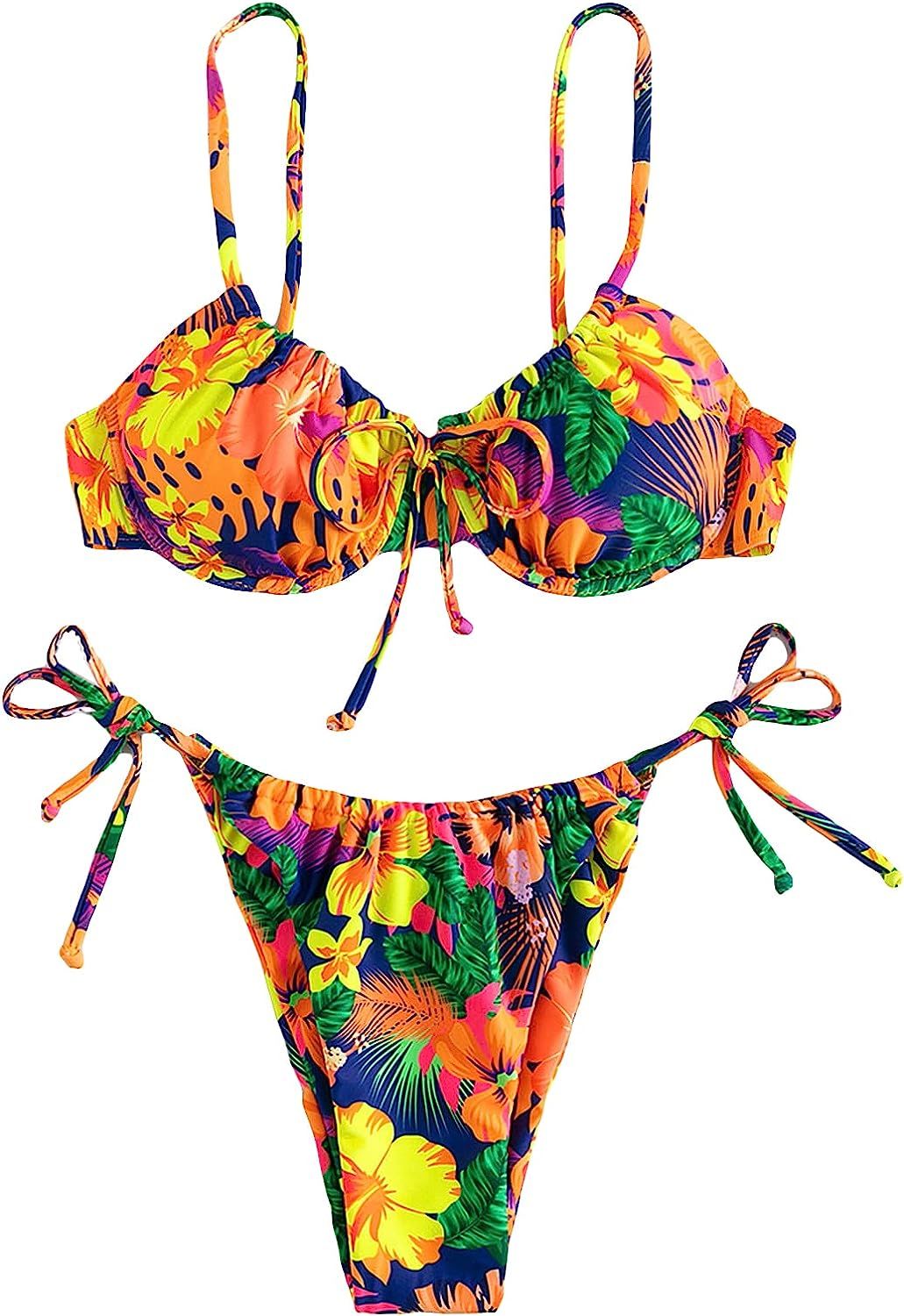OYOANGLE Women's 2 Piece Tropical Print Underwire Swimsuit Tie Side Thong Bikini Set | Amazon (US)