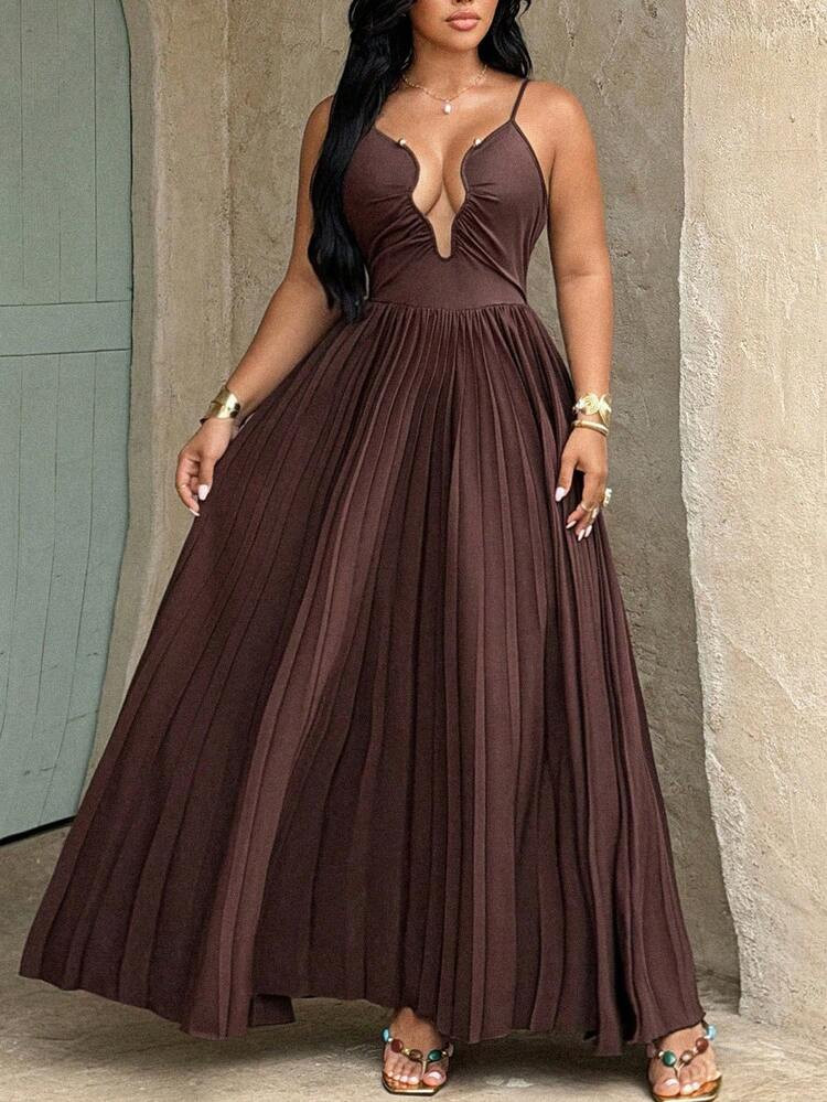 Rustia French Romantic Hollow Out Pleated High-End Vacation Travel Beach Maxi Slip Dress | SHEIN