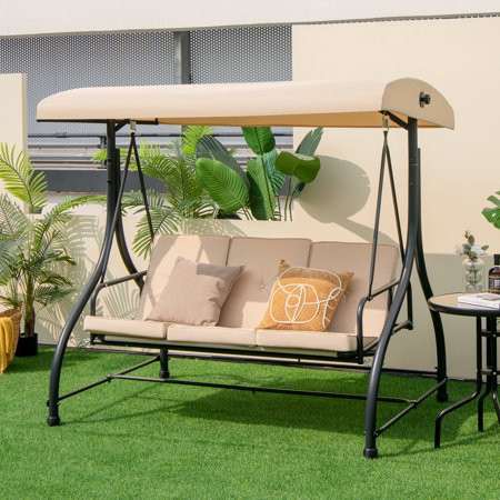 Costway Converting Outdoor Swing Canopy Hammock 3 Seats Patio Deck Furniture beige | Walmart (US)