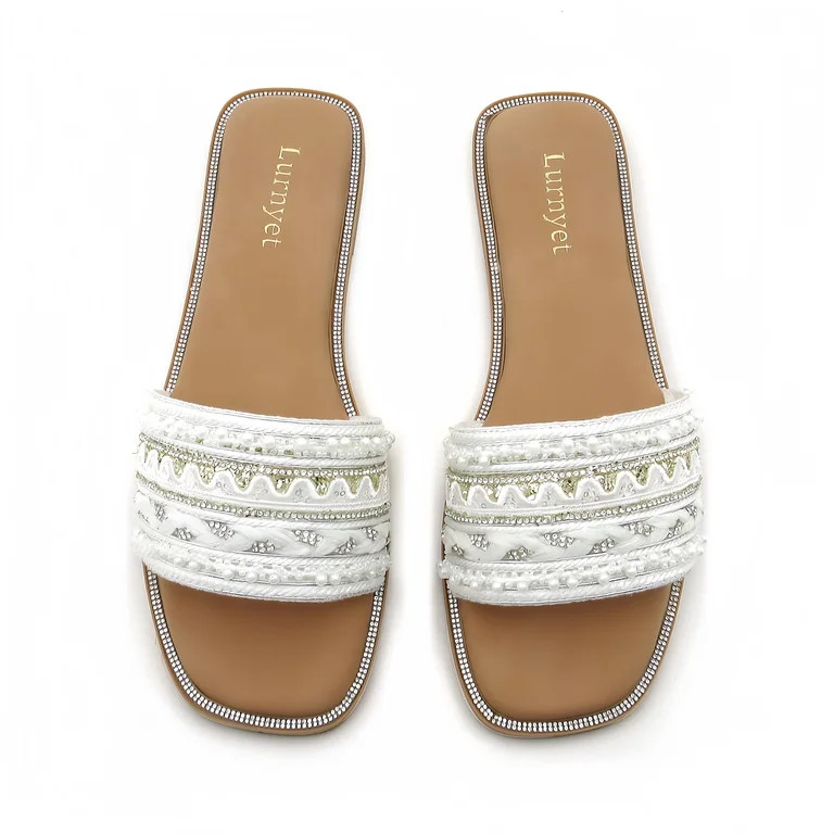 GJPBGK Women's Pearl Beaded Slide Sandals Casual Summer Flat Sandals Fashion Embellished Slip-On ... | Walmart (US)
