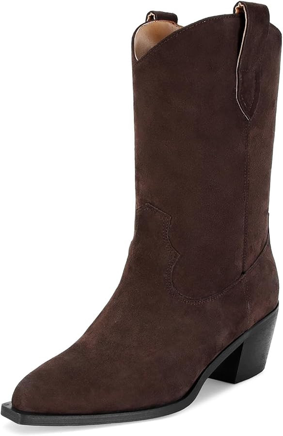 Suede Cowboy Boots for Women Pointed Toe Mid-Calf Western Boots Chunky Heel Cowgirl Booties Dress... | Amazon (US)