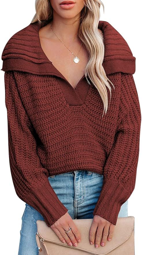 Dokotoo Women V Neck Long Sleeve Sweaters Casual Solid Color Collared Knit Sweater Pullover Tops | Amazon (US)