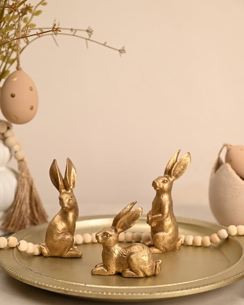 WONDROUS' DECO Resin Bright Gold Easter Bunny Figurines, Small Decorative Easter Bunny Statue Set... | Amazon (US)