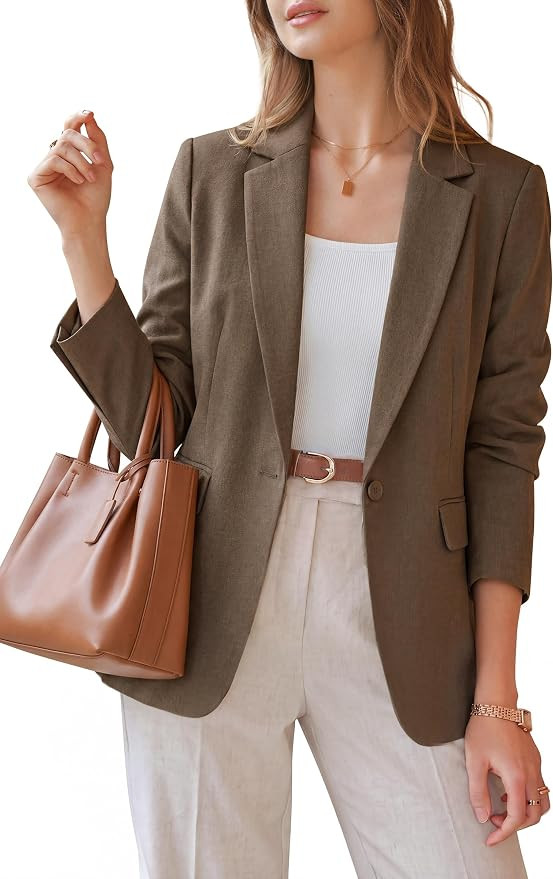 Arach&Cloz Women's Business Casual Blazers Notched Lapel Work Outfits | Linen Blend Soft, Long Sl... | Amazon (US)