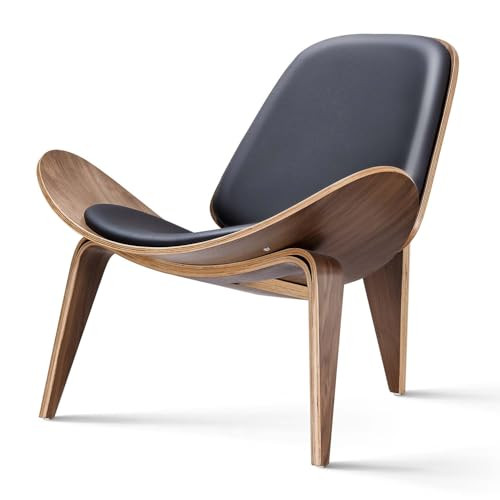 Furgle Mid Century Modern Shell Lounge Chair, PU Leather, Tripod Plywood Classic Design Solid Wood Accent Chairs for Living Room, Reading, Lounge, Office, Salon(Walnut) | Amazon (US)