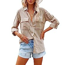 OMSJ Women's Striped Button Down Shirts Casual Long Sleeve Stylish V Neck Blouses Tops with Pocke... | Amazon (US)