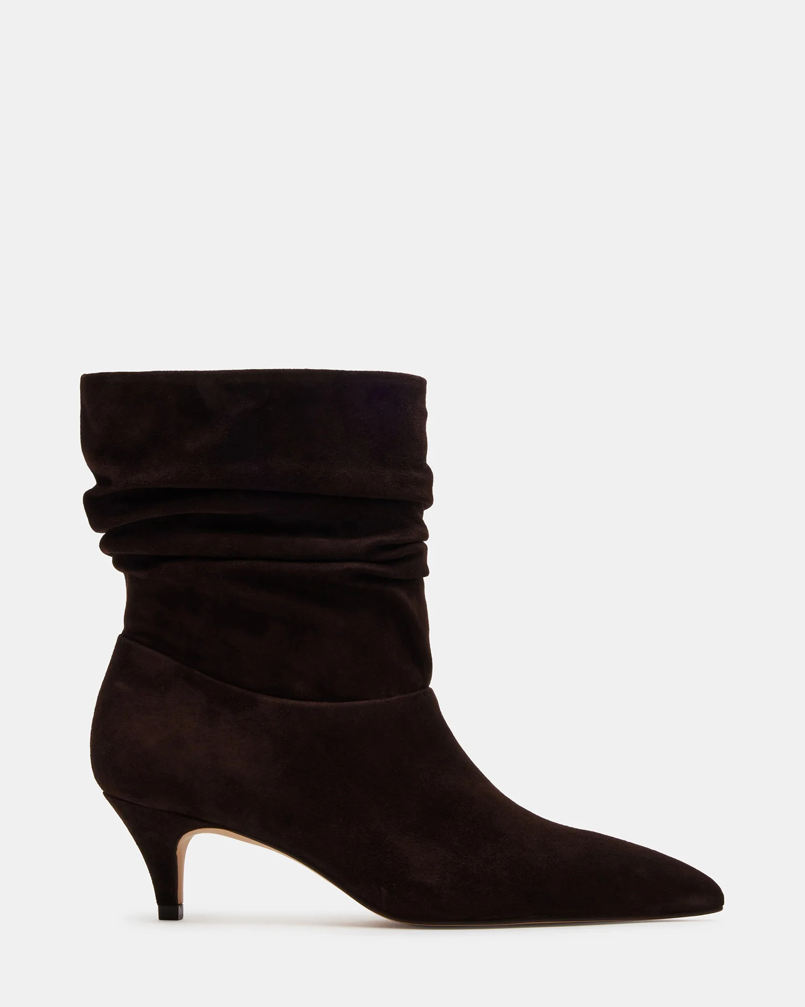 BRINWOOD Brown Suede Scrunched Kitten Heel Boot | Women's Booties | Steve Madden (US)