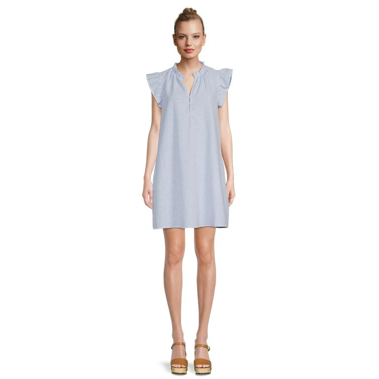 Time and Tru Women's Ruffle Collar Dress with Flutter Sleeves, Sizes XS-XXXL | Walmart (US)