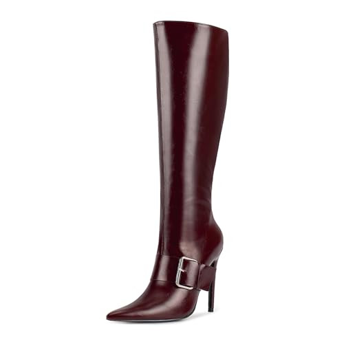 wetkiss Burgundy Knee High Boots for Women Ladies Knee High Boots Tall Burgundy Stiletto Boots Burgundy Heel Boots Pointed Toe Burgundy High Heeled Boots for Narrow Feet Narrow Calf Full Side Zipper | Amazon (US)