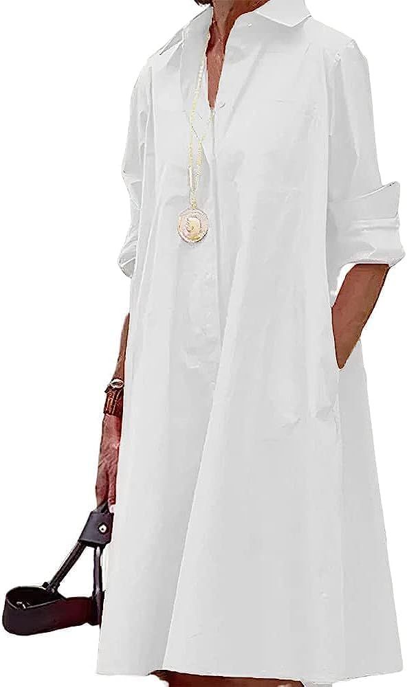 Womens Linen Long Sleeve Midi Print Button Down Shirt Dress Plus Size Loose Shirt Dresses for Wom... | Amazon (US)
