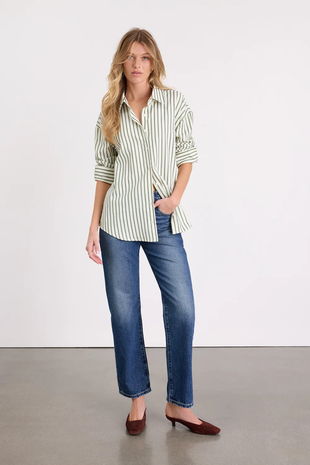 Logan Ivory and Green Striped Cutout Button-Up Long Sleeve Top | Lulus