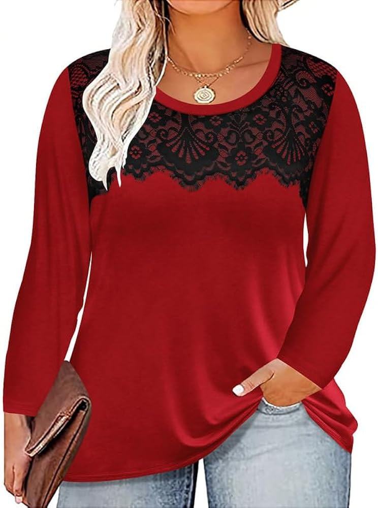 TIYOMI Plus Size Tops Long Sleeve Black Lace Dressy Casual T-shirt Fall Lightweight Sweatshirt Tu... | Amazon (US)