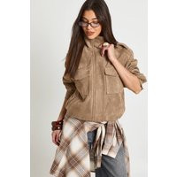 boohoo Women's Funnel Neck Faux Suede Pocket Detail Jacket in Taupe | Size: 12 | Denim/Suede | boohoo (US & Canada)
